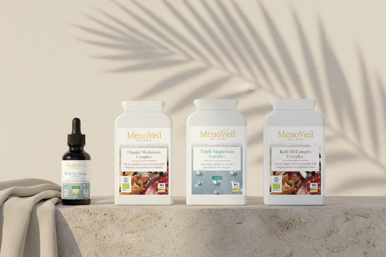 MenoVeil Daily Elite bundle — magnesium, krill oil omega-3, vitamin D3 & K2 and mushroom complex