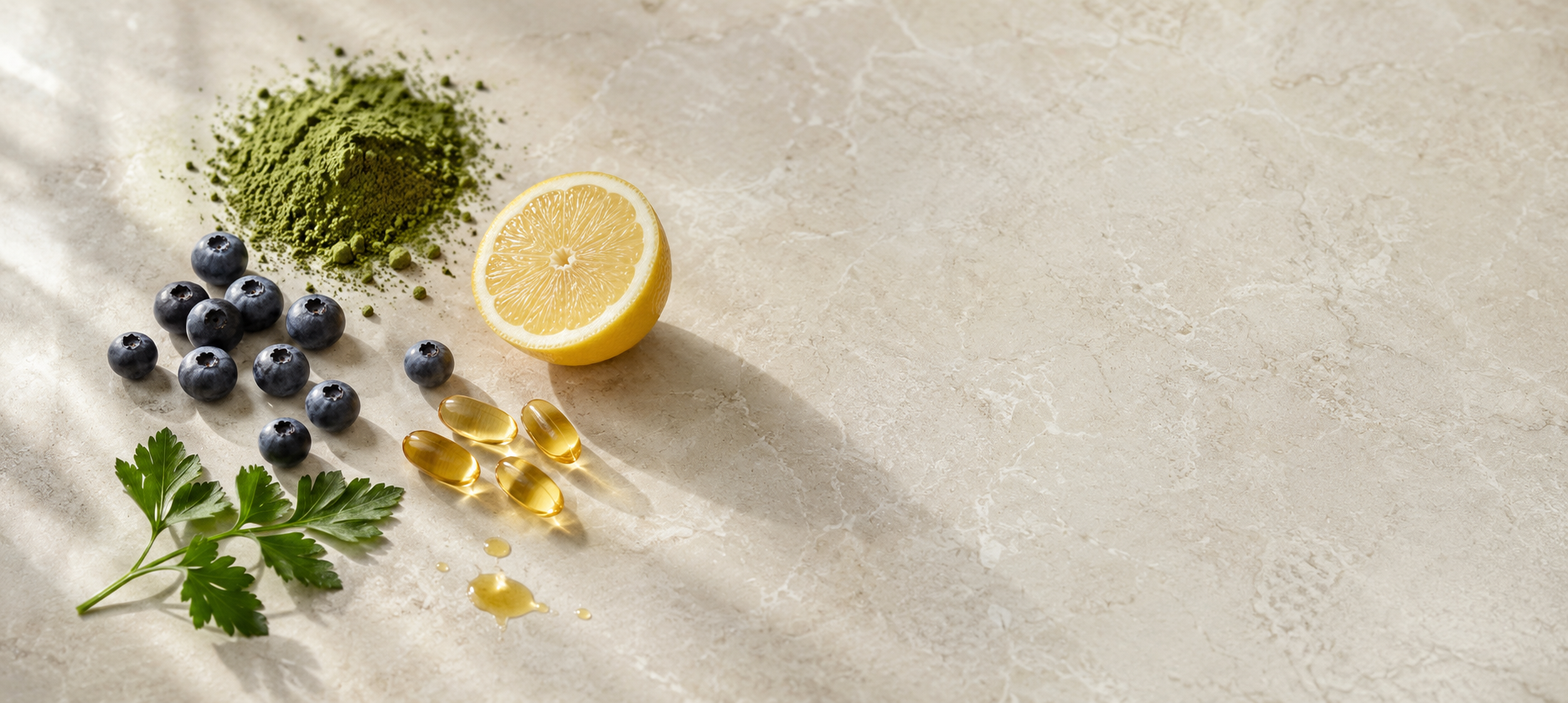 Daily Essentials collection — greens, blueberries, lemon and omega-3 on stone