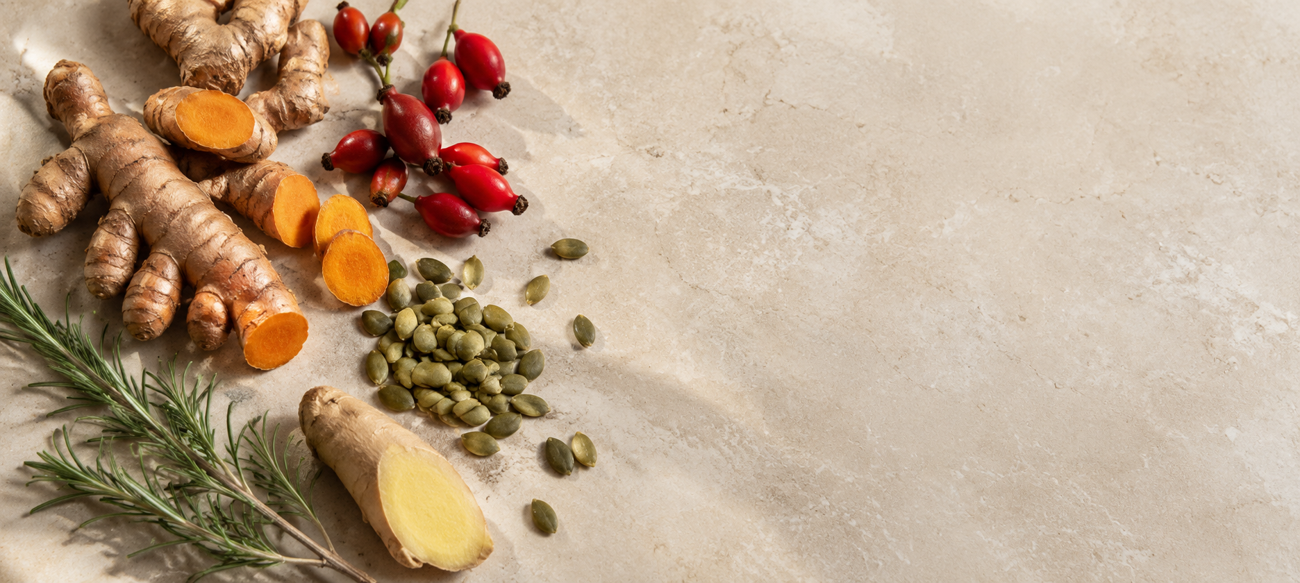 Joint, Bone & Mobility collection — turmeric, rosehips, ginger and seeds on stone