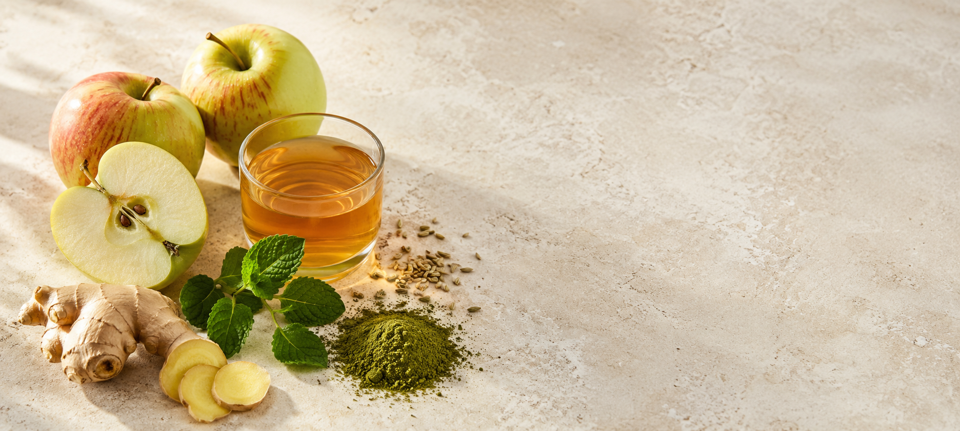 Gut & Digestion collection — apple cider vinegar, apple, ginger, mint and greens on stone