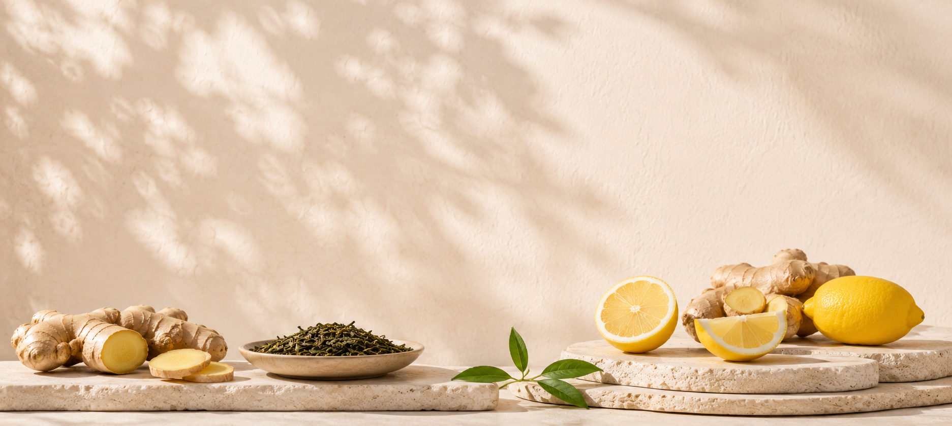 Weight & Energy collection — ginger, green tea and lemon on stone