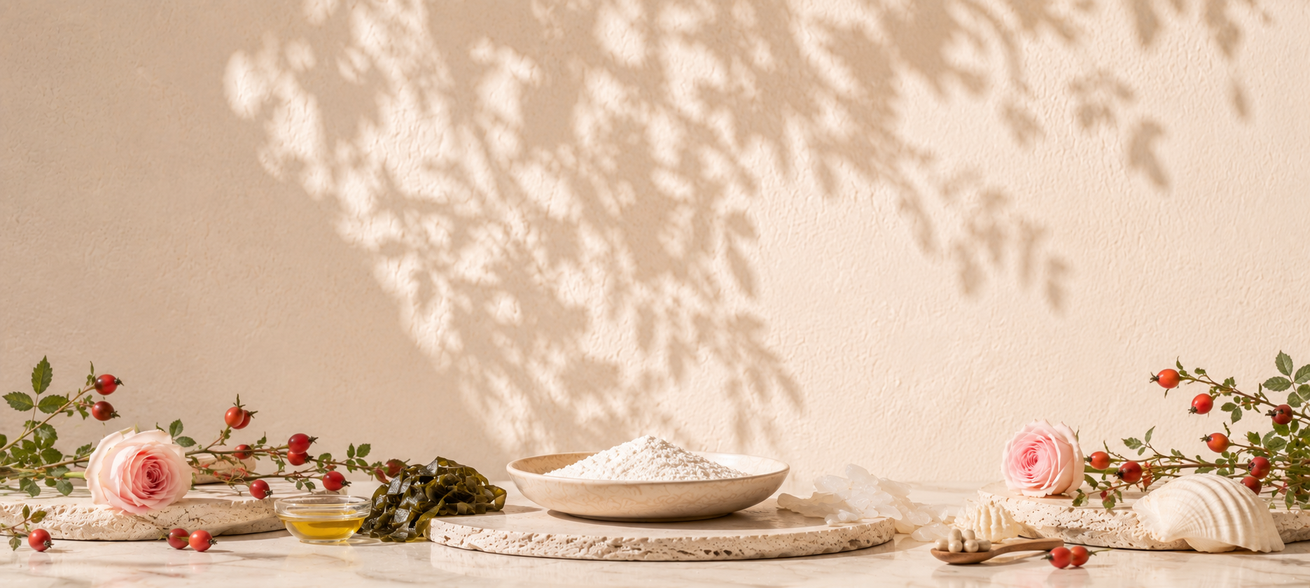 Skin & Beauty collection — collagen, rosehips and botanicals on stone