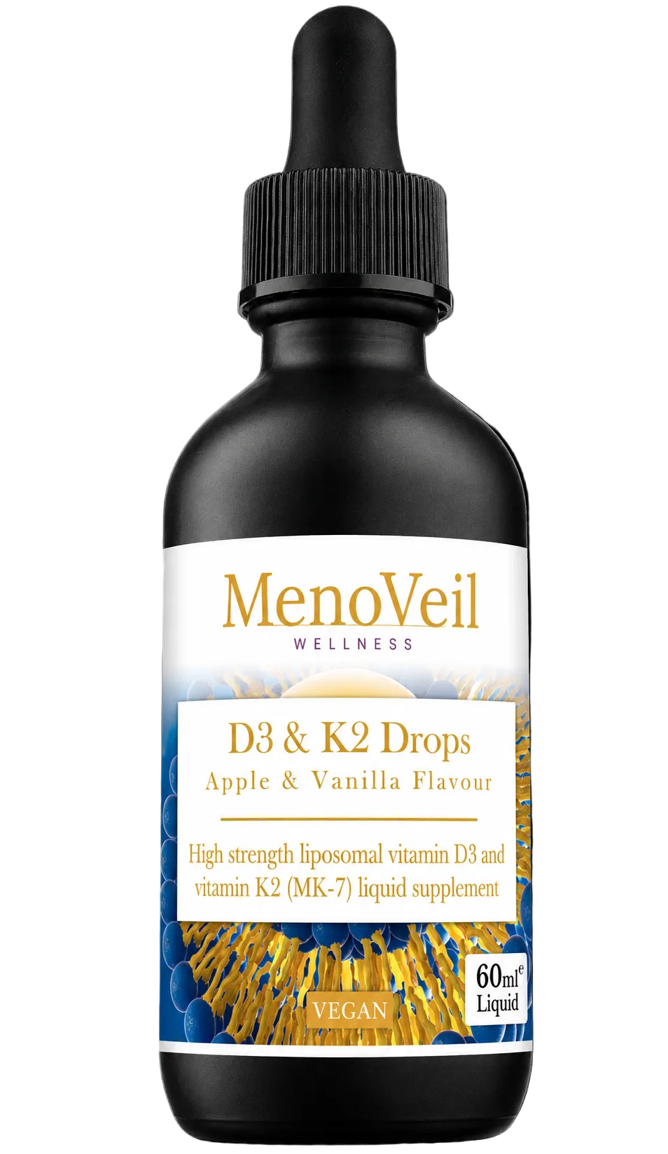 MenoVeil D3 & K2 Drops — high-strength liposomal vitamin D3 (4,000IU) and K2 (MK-7), apple and vanilla, 60ml liquid