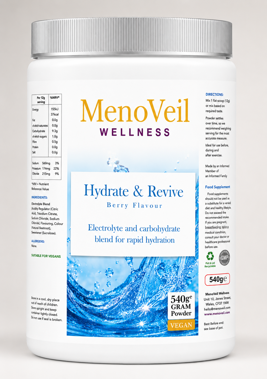 MenoVeil Hydrate & Revive — berry-flavour electrolyte and carbohydrate drink mix, 540g powder